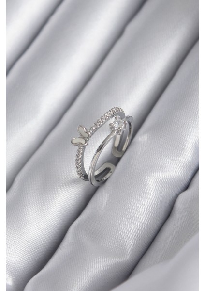 Pirinç Gümüş Renk Zirkon Taşlı Kelebek Model Kadın Yüzük - TJ-BYK2932