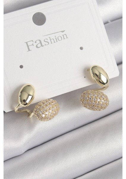 Pirinç Gold Renk Zirkon Taşlı Bombeli Model Kadın Küpe