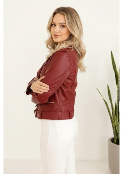 Kadın Yeni Sezon Polar Astarlı Deri Mont KS2553 Bordo - 38 modelleri
