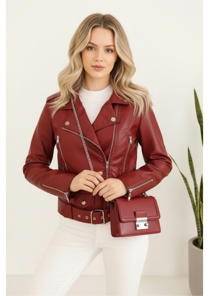 Kadın Yeni Sezon Polar Astarlı Deri Mont KS2553 Bordo - 38 fırsatları