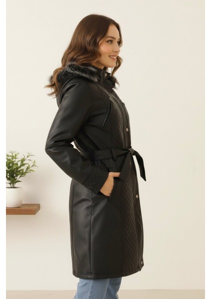 Deri Kapüşonlu Polar Astarlı Yeni Sezon Kadın Mont KS2559 Siyah - 40 fırsatları