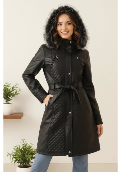 Deri Kapüşonlu Polar Astarlı Yeni Sezon Kadın Mont KS2559 Siyah - 40