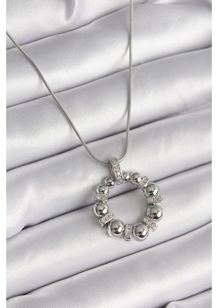 316L Çelik Gümüş Renk Zincir Zirkon Taş Detaylı Bombeli Halka Model Kadın Kolye