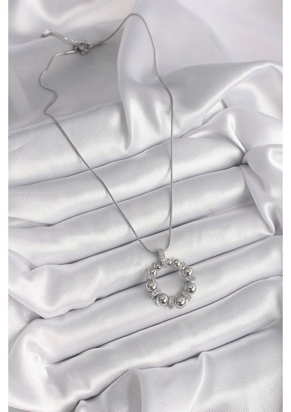 316L Çelik Gümüş Renk Zincir Zirkon Taş Detaylı Bombeli Halka Model Kadın Kolye fiyatları