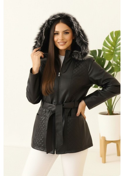 Deri Polar Astarlı Kapüşonlu Yeni Sezon Kadın Mont KS2560 Siyah - 40