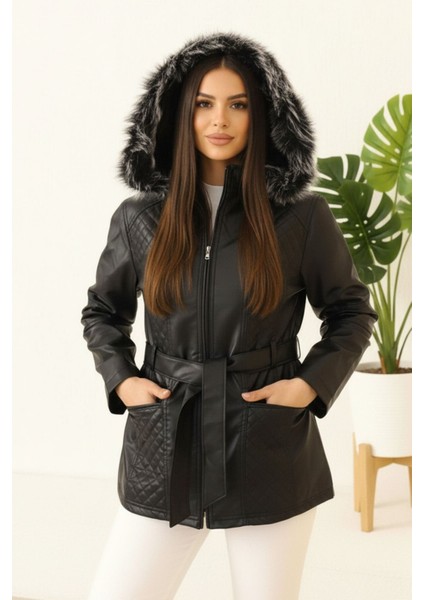 Deri Polar Astarlı Kapüşonlu Yeni Sezon Kadın Mont KS2560 Siyah - 40 modelleri