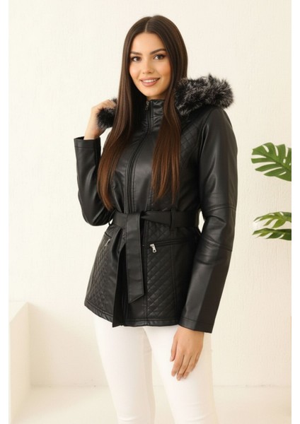 Deri Polar Astarlı Kapüşonlu Yeni Sezon Kadın Mont KS2560 Siyah - 40