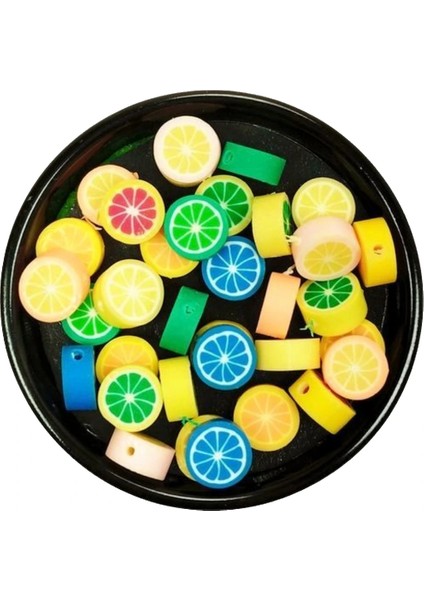 30 Adet 10 mm Polimer Kil Fimo Boncuk Takı Bileklik + 1 Metre Lastikli Misina Hediye - Renkli Limon modelleri