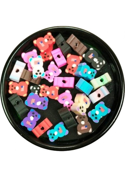 30 Adet 10 mm Polimer Kil Fimo Boncuk Takı Bileklik + 1 Metre Lastikli Misina Hediye - Renkli Ayıcık modelleri