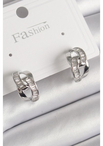 Pirinç Gümüş Renk Zirkon Taşlı Zincir Model Kadın Küpe