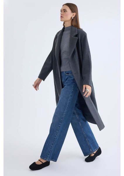 Düğmeli Uzun Kaşe Kaban