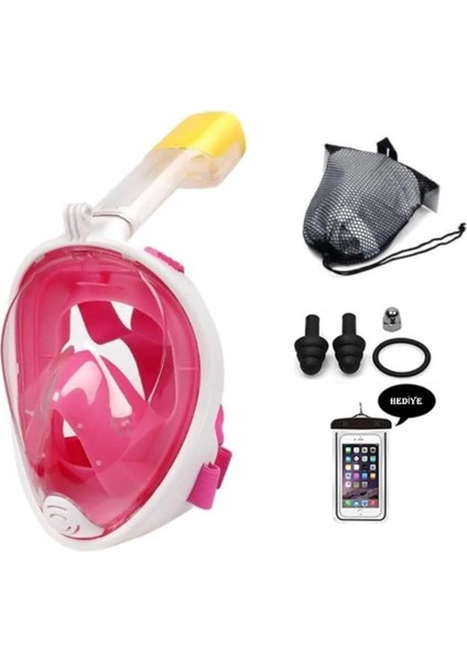 Yüz Dalış Maskesi Buğu Önleyici Şnorkel Fullface Yüzücü Maskesi Pembe