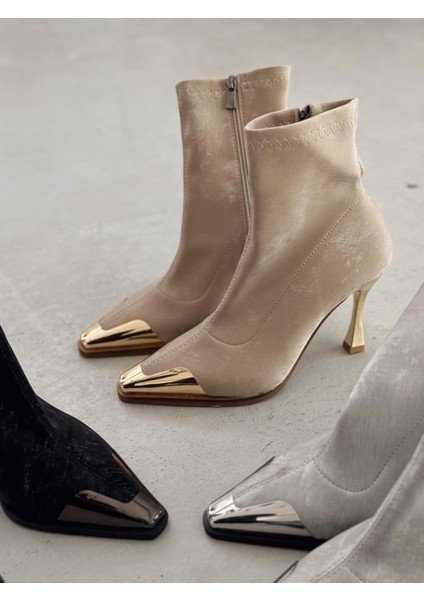 Rosavi Kadın Topuklu Streç Bot Bej Nubuk modelleri