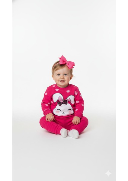 Kız Bebek Tavşan Baskılı Omuz Çıtçıtlı Fitilli Alt Üst Takım Bebek Giyim