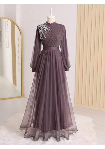 Önü Taş Detaylı Drapeli Kemerli Tül Abiye -Vişne