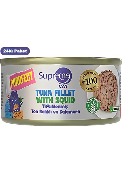 Tiftiklenmiş Ton Balıklı ve Kalamarlı Yetişkin Konserve Kedi Maması 70GR 24LÜ