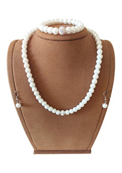 İnci Kolye Bileklik Küpe Seti Kadınlar İçin Zarif 3 Parça Beyaz Tasarım indirimleri