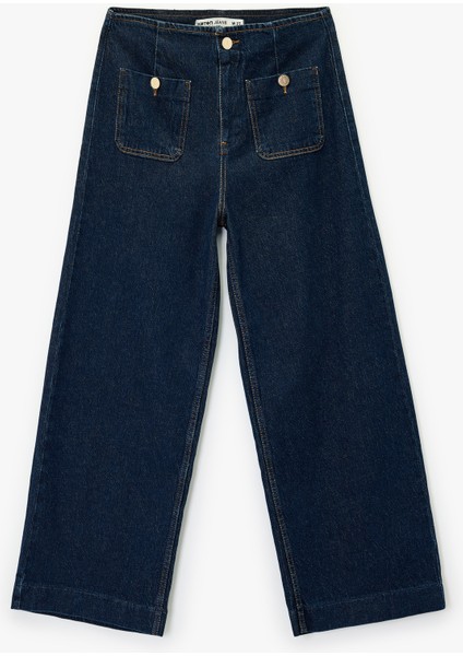 Yüksek Bel Cep Detaylı Rahat Kalıp Geniş Paça Jean Pantolon - Culotte Jeans