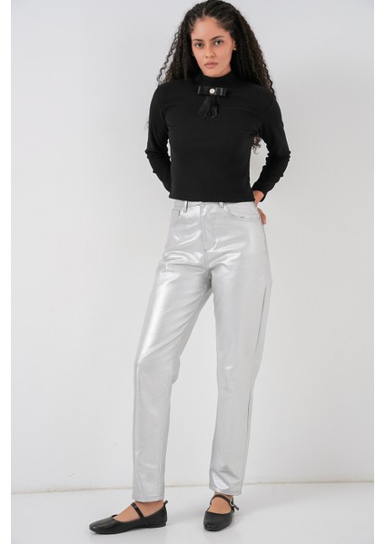Kadın Yüksek Bel Parlak Pantolon 6738 - Gümüş