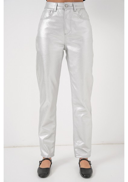 Kadın Yüksek Bel Parlak Pantolon 6738 - Gümüş fiyatları