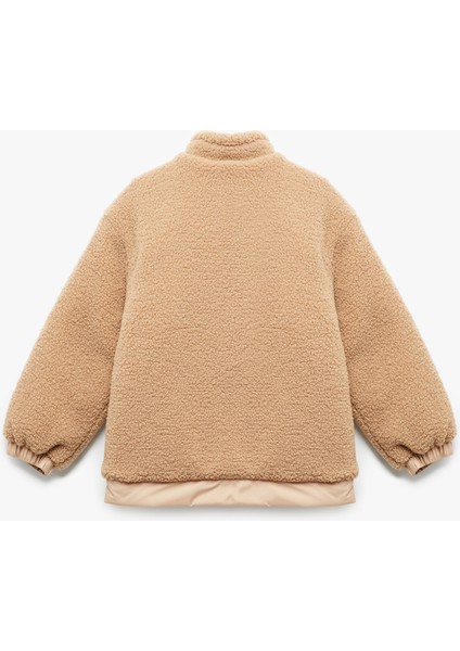 Uzun Kollu Dik Yaka Fermuarlı Cepli Polar Detaylı Ceket fiyatları