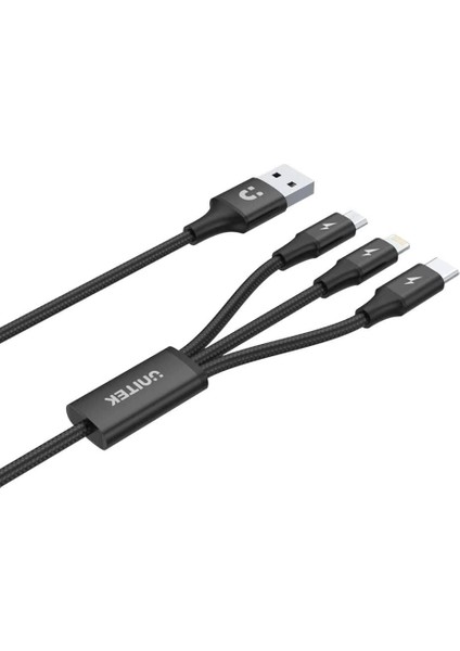 Unıtek Usb-A 3in1 Hızlı Şarj Kablosu 1.2mt 2.4A Mıcro Usb, Type-C, Lıghtnıng (C14049BK)