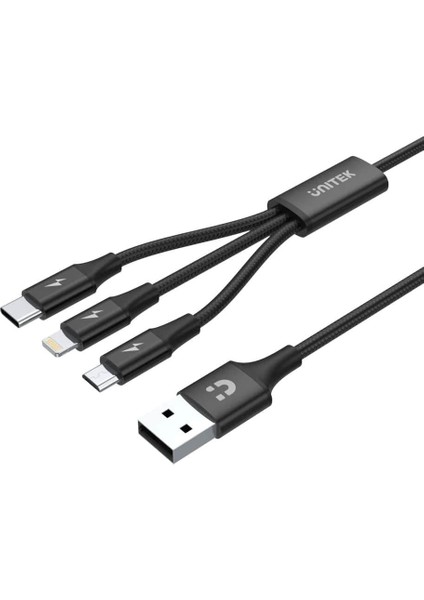 Unıtek Usb-A 3in1 Hızlı Şarj Kablosu 1.2mt 2.4A Mıcro Usb, Type-C, Lıghtnıng (C14049BK)