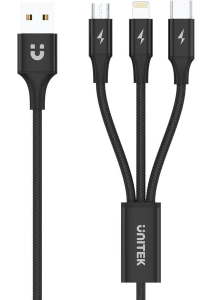 Unıtek Usb-A 3in1 Hızlı Şarj Kablosu 1.2mt 2.4A Mıcro Usb, Type-C, Lıghtnıng (C14049BK)
