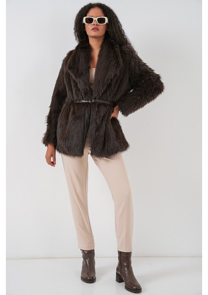 Kadın Kemerli Oversize Kürklü Kaban 9156 - Kahverengi fiyatları