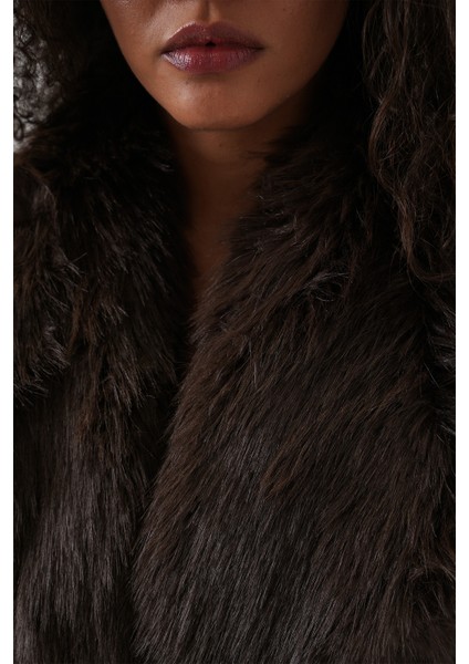 Kadın Kemerli Oversize Kürklü Kaban 9156 - Kahverengi indirimleri