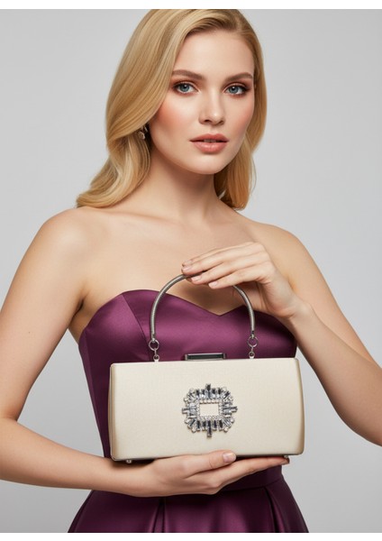 Ten Nude Kristal Gümüş Taşlı Saten Abiye Çanta, Metal Saplı Şıklık