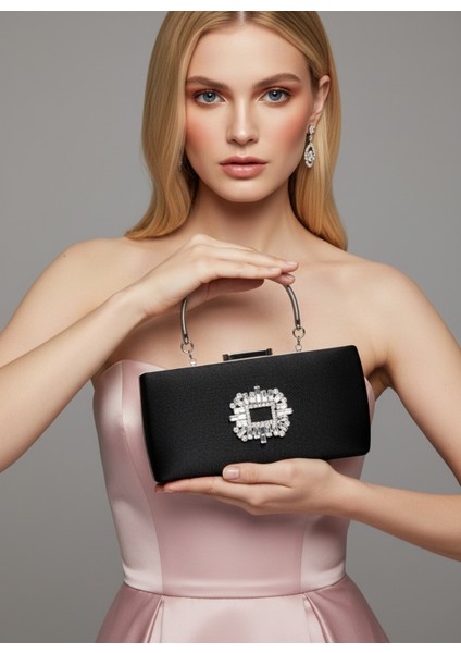 Siyah Kristal Gümüş Taşlı Saten Abiye Çanta, Metal Saplı Şıklık