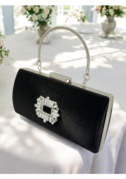 Siyah Kristal Gümüş Taşlı Saten Abiye Çanta, Metal Saplı Şıklık fiyatları