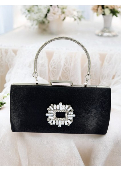 Siyah Kristal Gümüş Taşlı Saten Abiye Çanta, Metal Saplı Şıklık modelleri
