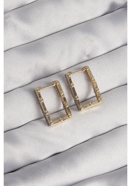 Pirinç Gold Renk Zirkon Taşlı Dikdörtgen Model Seranay Küpe - TJ-BKP9117