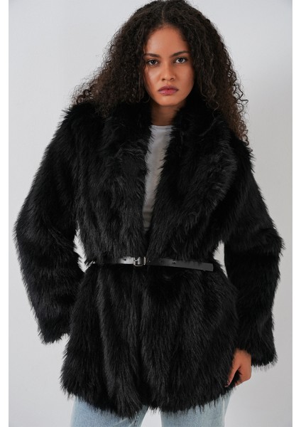 Kadın Kemerli Oversize Kürklü Kaban 9156 - Siyah