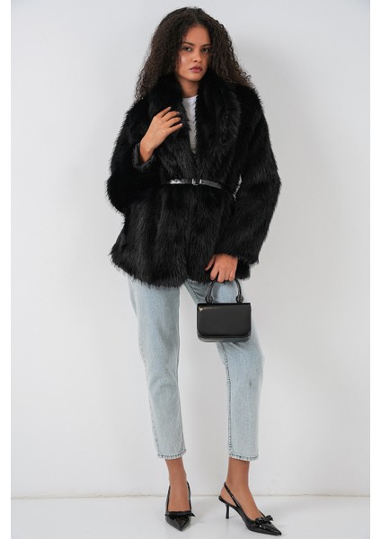 Kadın Kemerli Oversize Kürklü Kaban 9156 - Siyah fiyatları