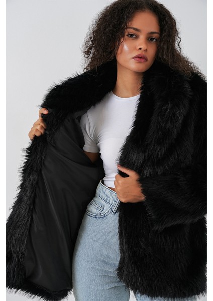 Kadın Kemerli Oversize Kürklü Kaban 9156 - Siyah fırsatları