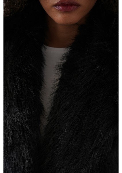 Kadın Kemerli Oversize Kürklü Kaban 9156 - Siyah indirimleri