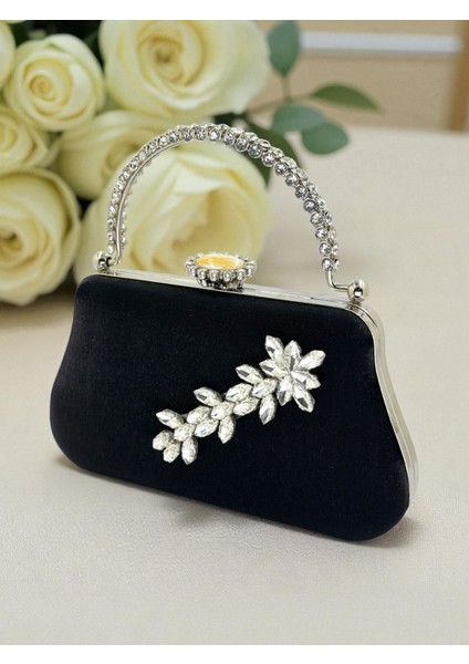 Siyah Renk Simli Saten Kristal Taşlı Saplı Kadın Abiye Çanta Düğün Nişan Mezuniyet fiyatları