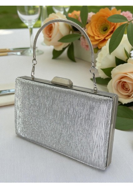 Gümüş Lazer Çizgili Desenli Abiye Çanta Gece Nikah Düğün Nişan Mezuniyet Portföy