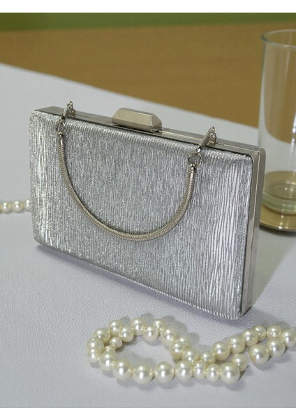 Gümüş Lazer Çizgili Desenli Abiye Çanta Gece Nikah Düğün Nişan Mezuniyet Portföy