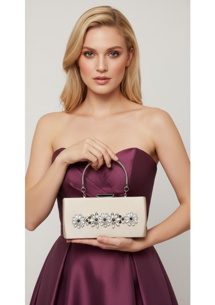 Ten Nude Kristal Gümüş Taşlı Saten Abiye Çanta, Metal Saplı Şıklık