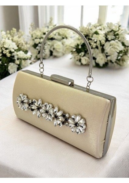 Ten Nude Kristal Gümüş Taşlı Saten Abiye Çanta, Metal Saplı Şıklık fiyatları