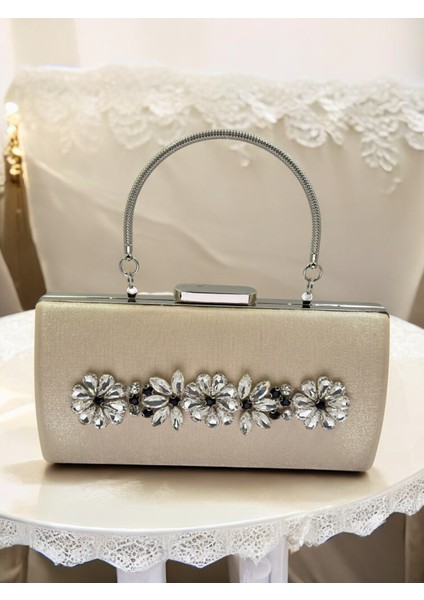 Ten Nude Kristal Gümüş Taşlı Saten Abiye Çanta, Metal Saplı Şıklık modelleri