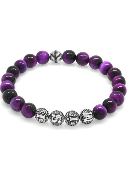 Mor Kaplan Gözü Doğaltaş Bileklik - Isme Özel Yazılı - Metal Kombinli - Küre Kesim