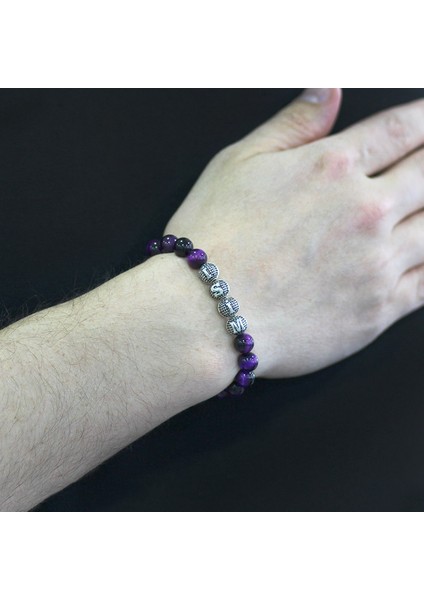 Mor Kaplan Gözü Doğaltaş Bileklik - Isme Özel Yazılı - Metal Kombinli - Küre Kesim modelleri