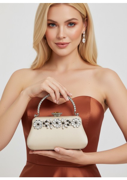Ten Nude Renk Simli Saten Kristal Taşlı Saplı Kadın Abiye Çanta Düğün Nişan Mezuniyet