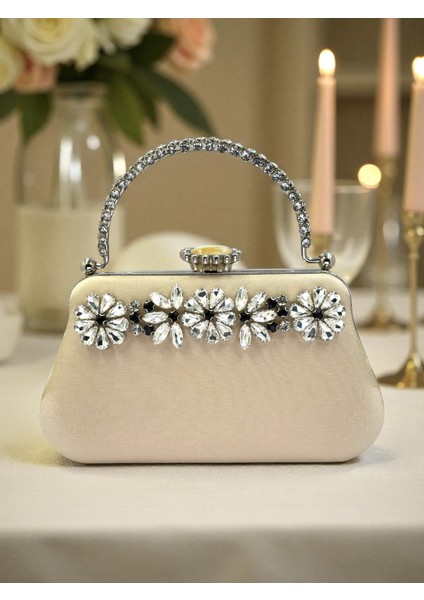 Ten Nude Renk Simli Saten Kristal Taşlı Saplı Kadın Abiye Çanta Düğün Nişan Mezuniyet modelleri