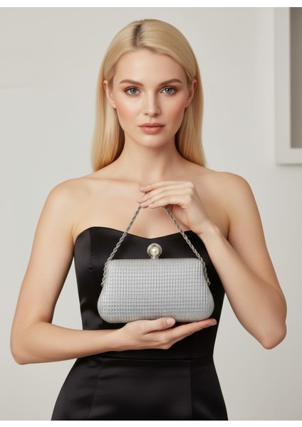 Gümüş Gri Renk Simli Taşlı Abiye Çanta | Lüks Düğün ve Gece Çantası